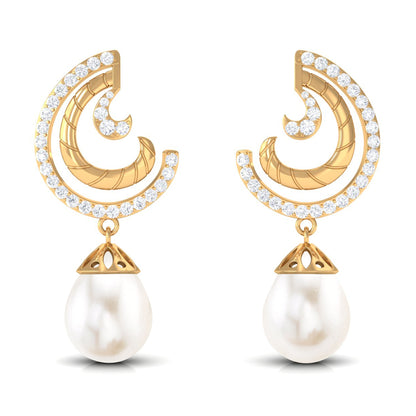 Designer Freshwater Pearl Bridal Drop Earrings with Diamond