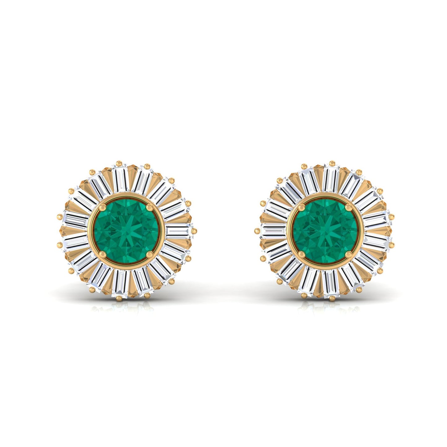 0.9 Carat Emerald Stud Earrings with Baguette Diamond Halo