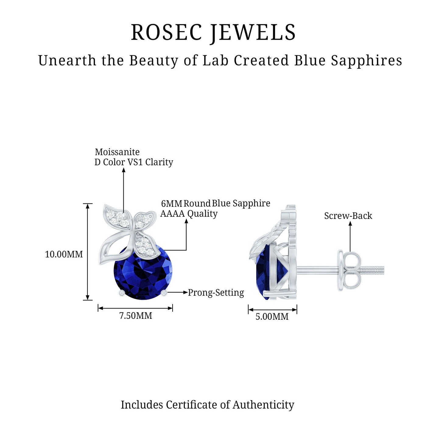 2 Carat Lab Created Blue Sapphire and Diamond Butterfly Stud Earrings