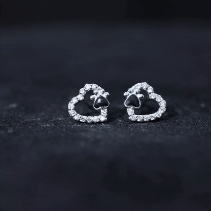 Moissanite Heart and Paw Stud Earrings with Enamel