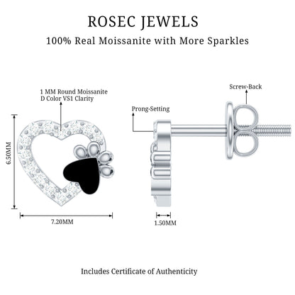 Moissanite Heart and Paw Stud Earrings with Enamel