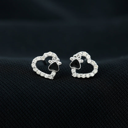 Moissanite Heart and Paw Stud Earrings with Enamel