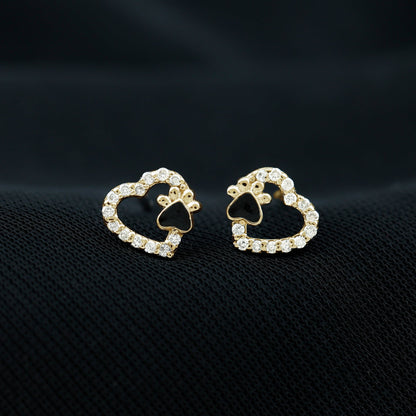 Moissanite Heart and Paw Stud Earrings with Enamel