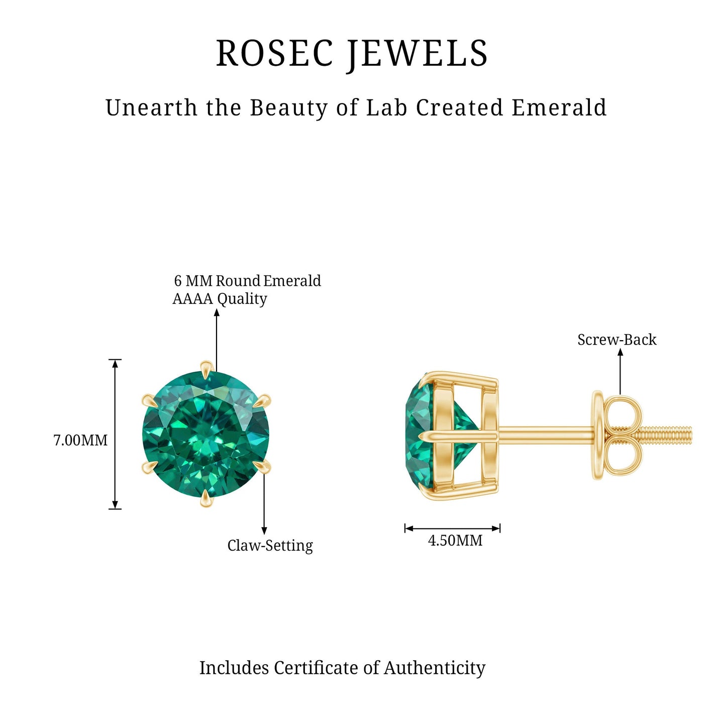 Certified Lab Created Emerald Solitaire Stud Earrings For Her