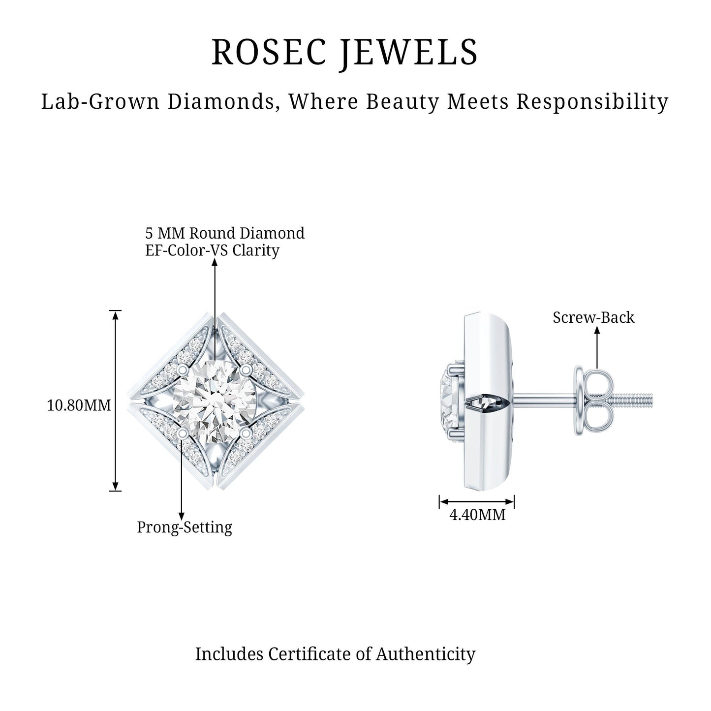 Classic Lab Grown Diamond Stud Earrings With Screw Back