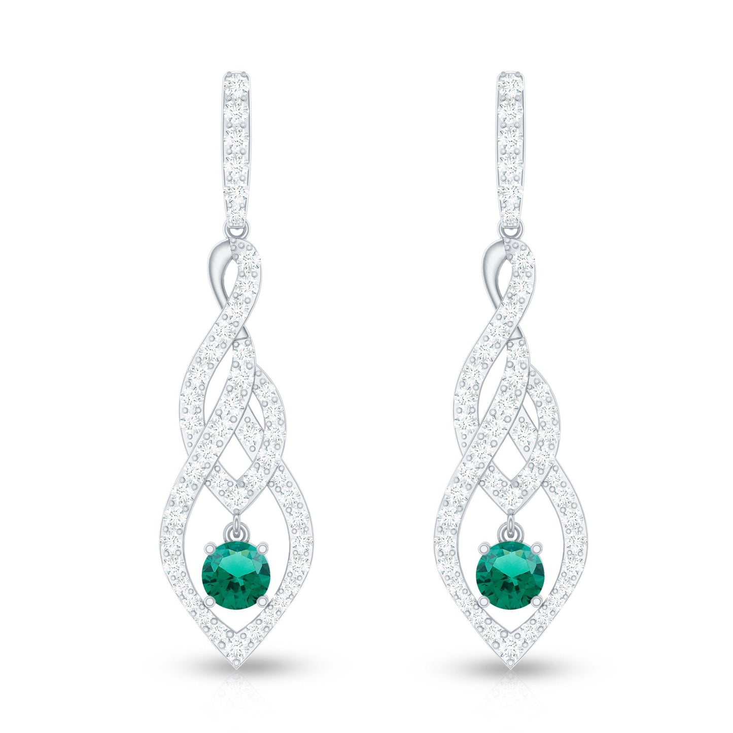 Certified Lab Grown Emerald Dangle Earrings with Diamond Accent