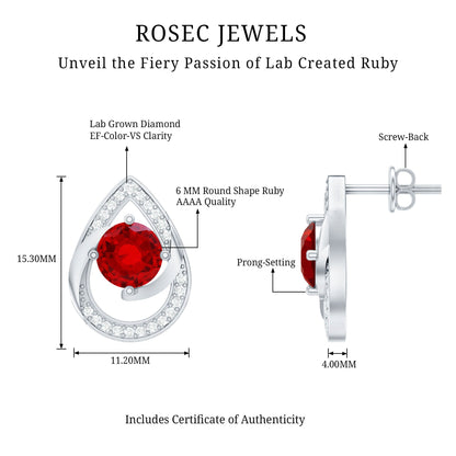 Lab Grown Ruby Teardrop Stud Earrings With Diamond