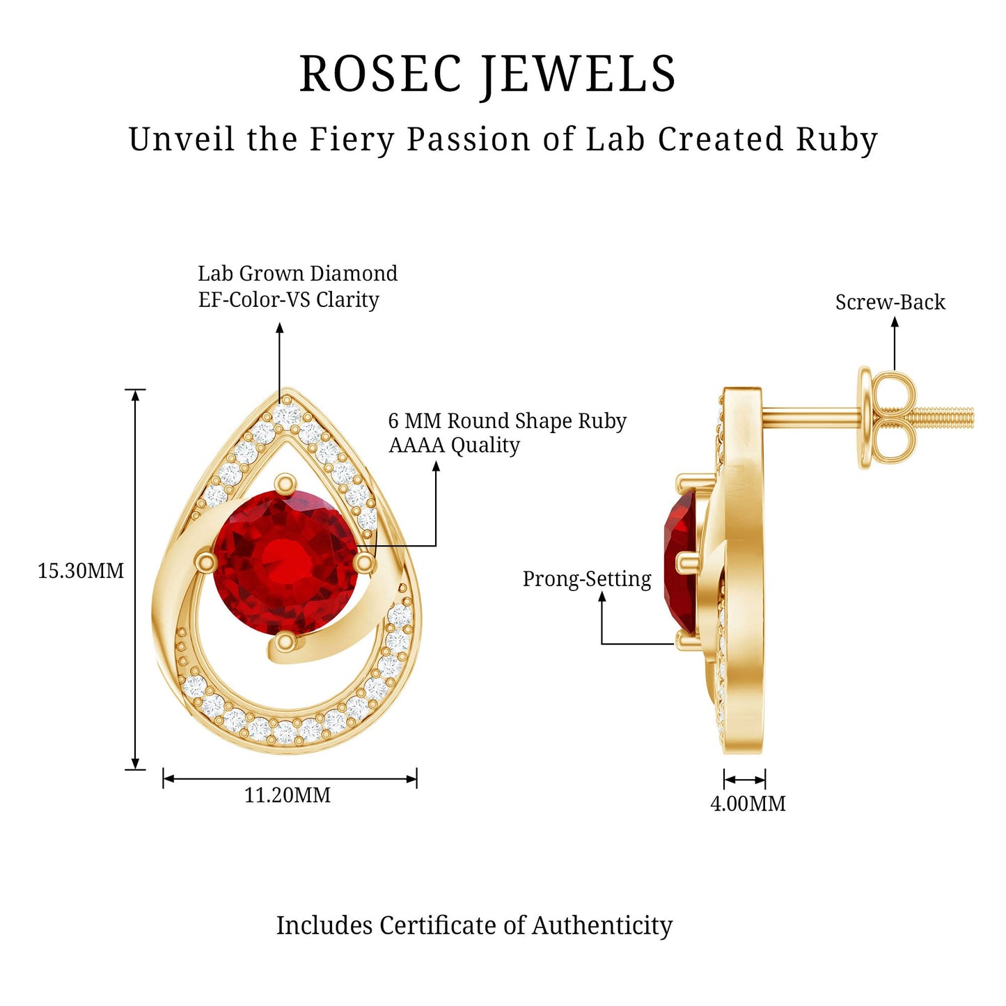 Lab Grown Ruby Teardrop Stud Earrings With Diamond