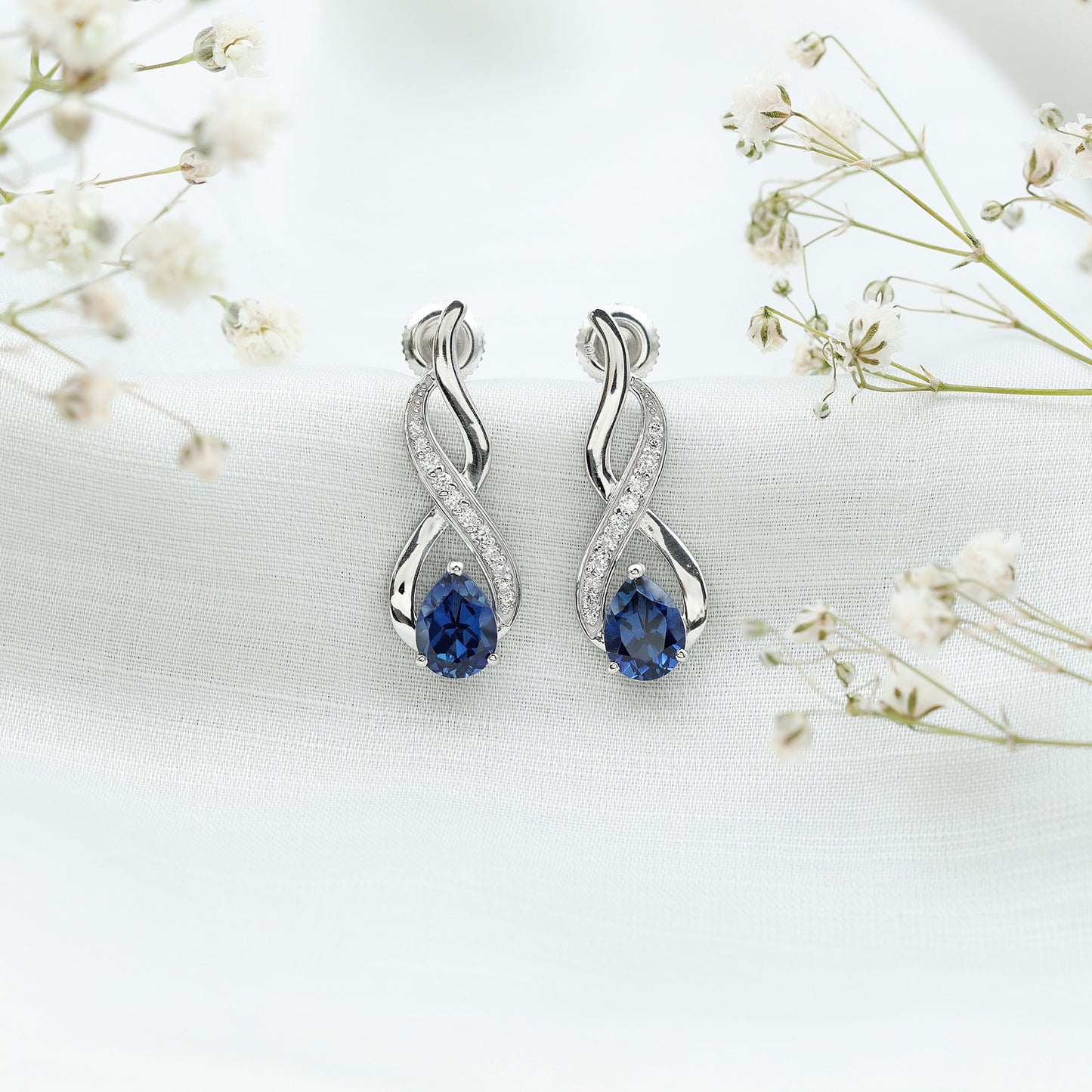 Lab Grown Blue Sapphire Infinity Drop Earrings with Diamond
