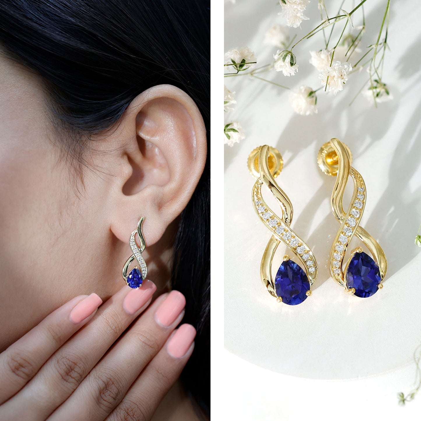 Lab Grown Blue Sapphire Infinity Drop Earrings with Diamond
