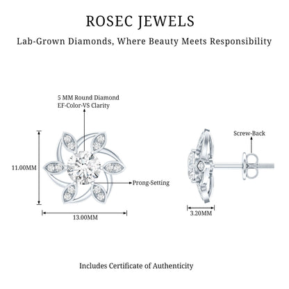 Certified Lab Grown Diamond Flower Stud Earrings With Screw Back