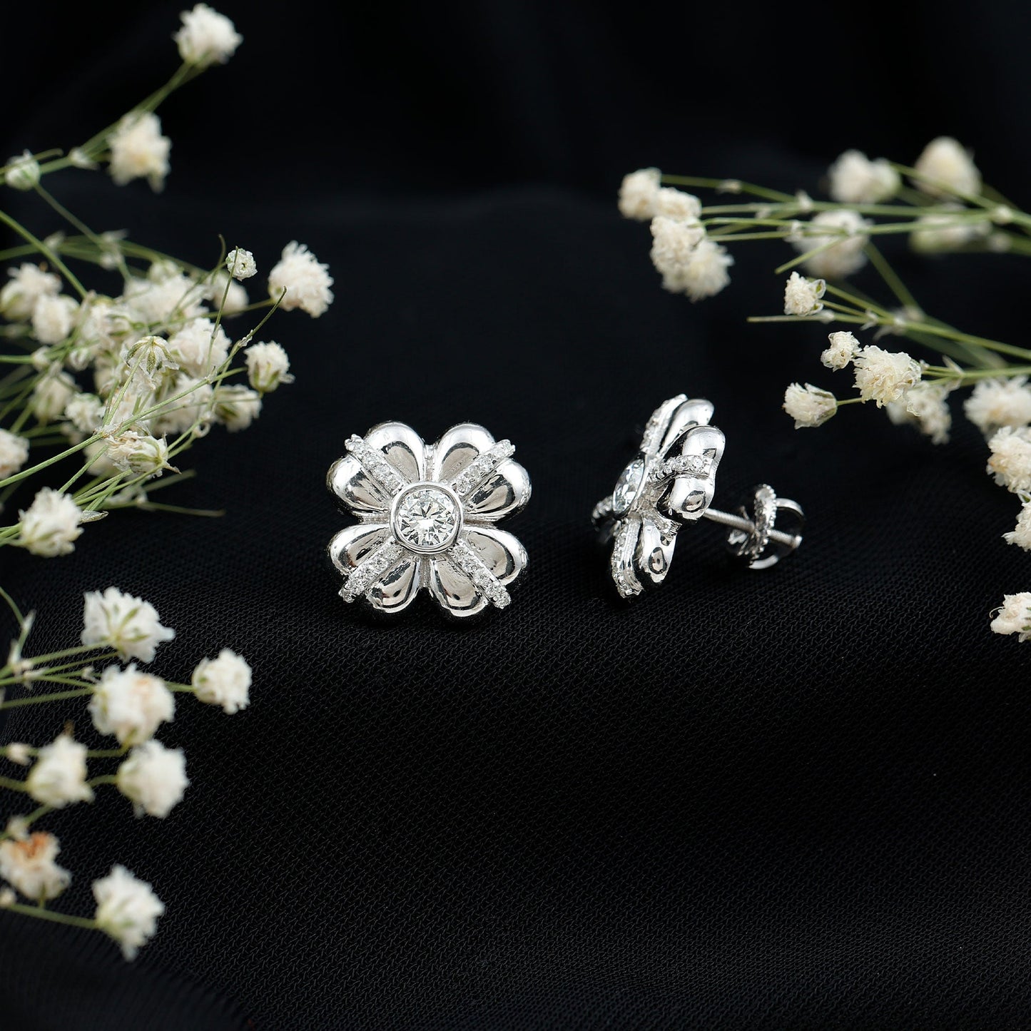 Lab Grown Diamond Flower Stud Earrings With Screw Back