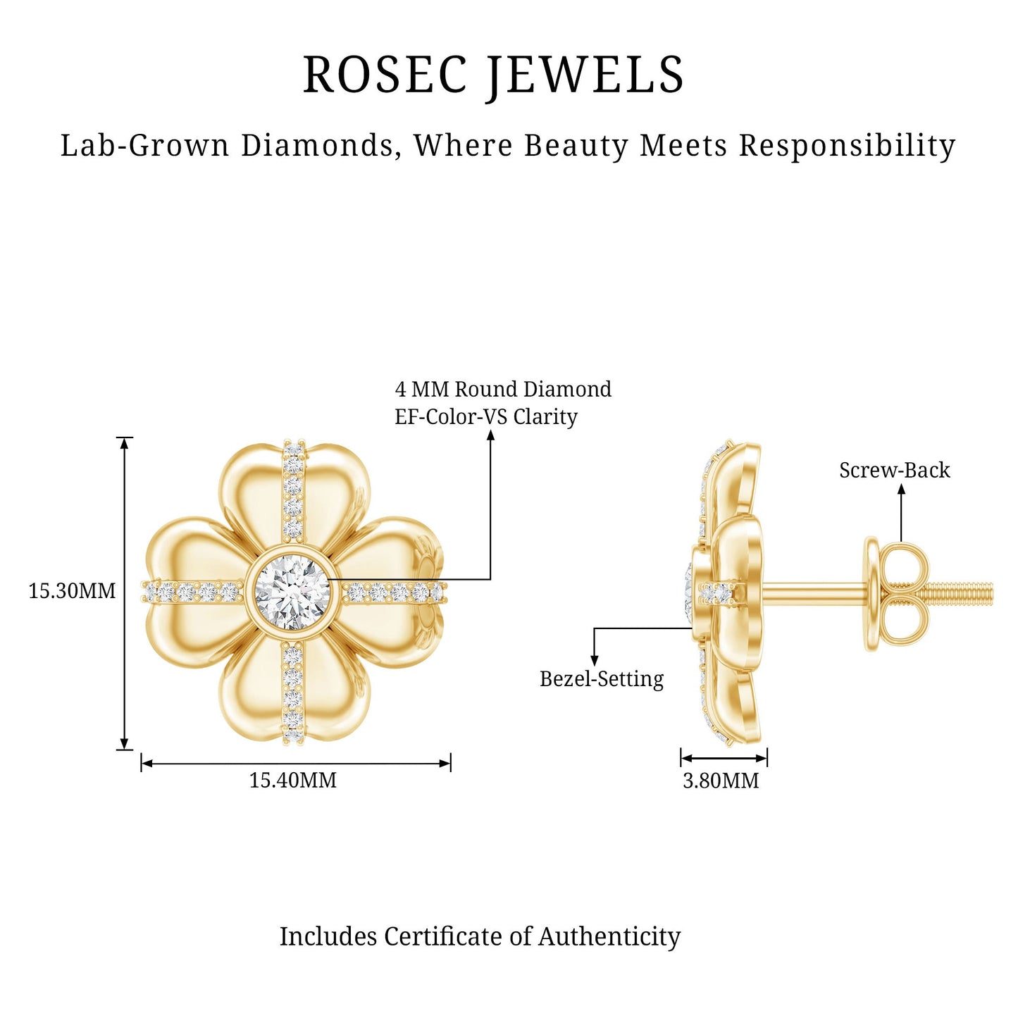 Lab Grown Diamond Flower Stud Earrings With Screw Back