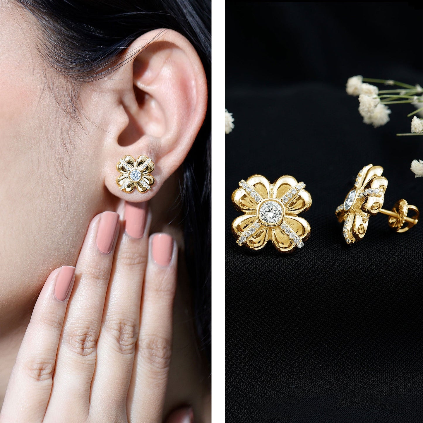 Lab Grown Diamond Flower Stud Earrings With Screw Back