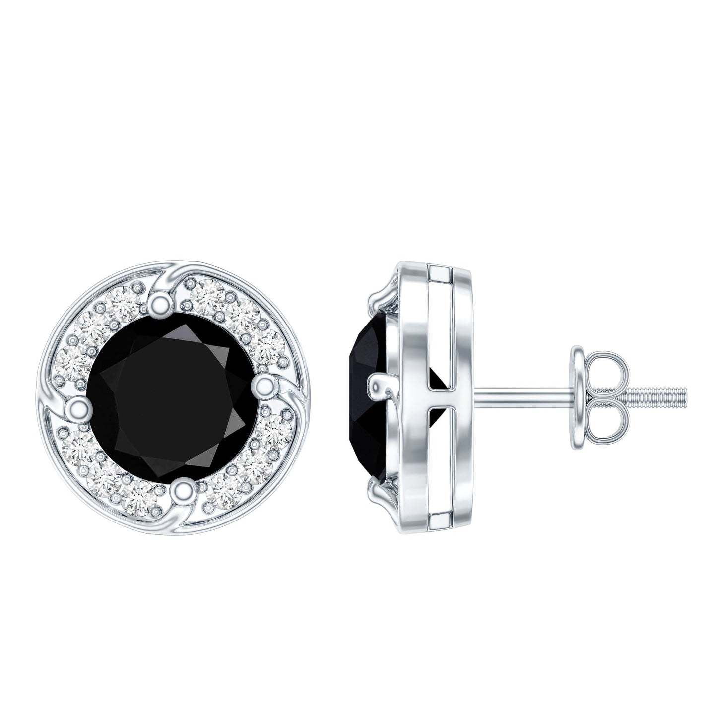 Lab Grown Black Diamond Halo Stud Earrings With Screw Back