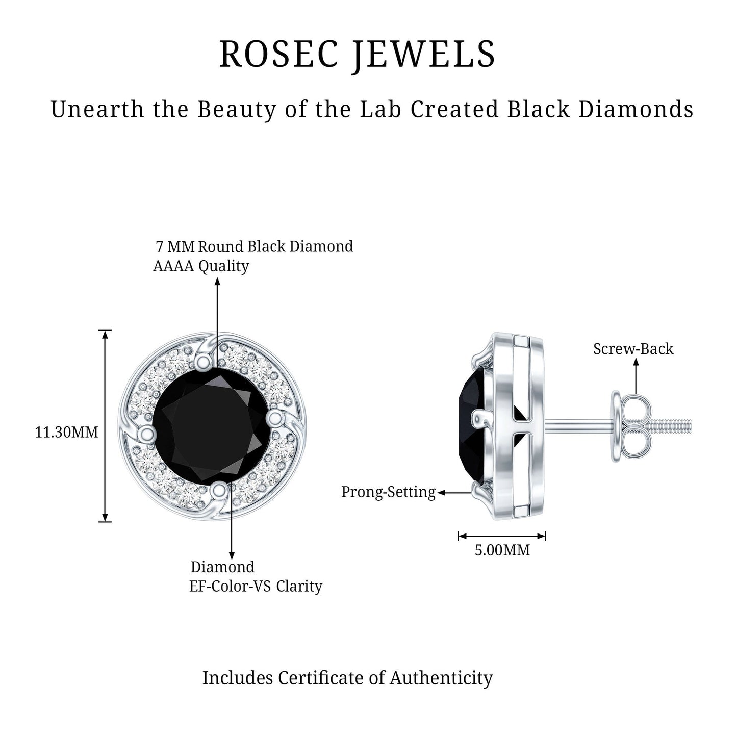Lab Grown Black Diamond Halo Stud Earrings With Screw Back