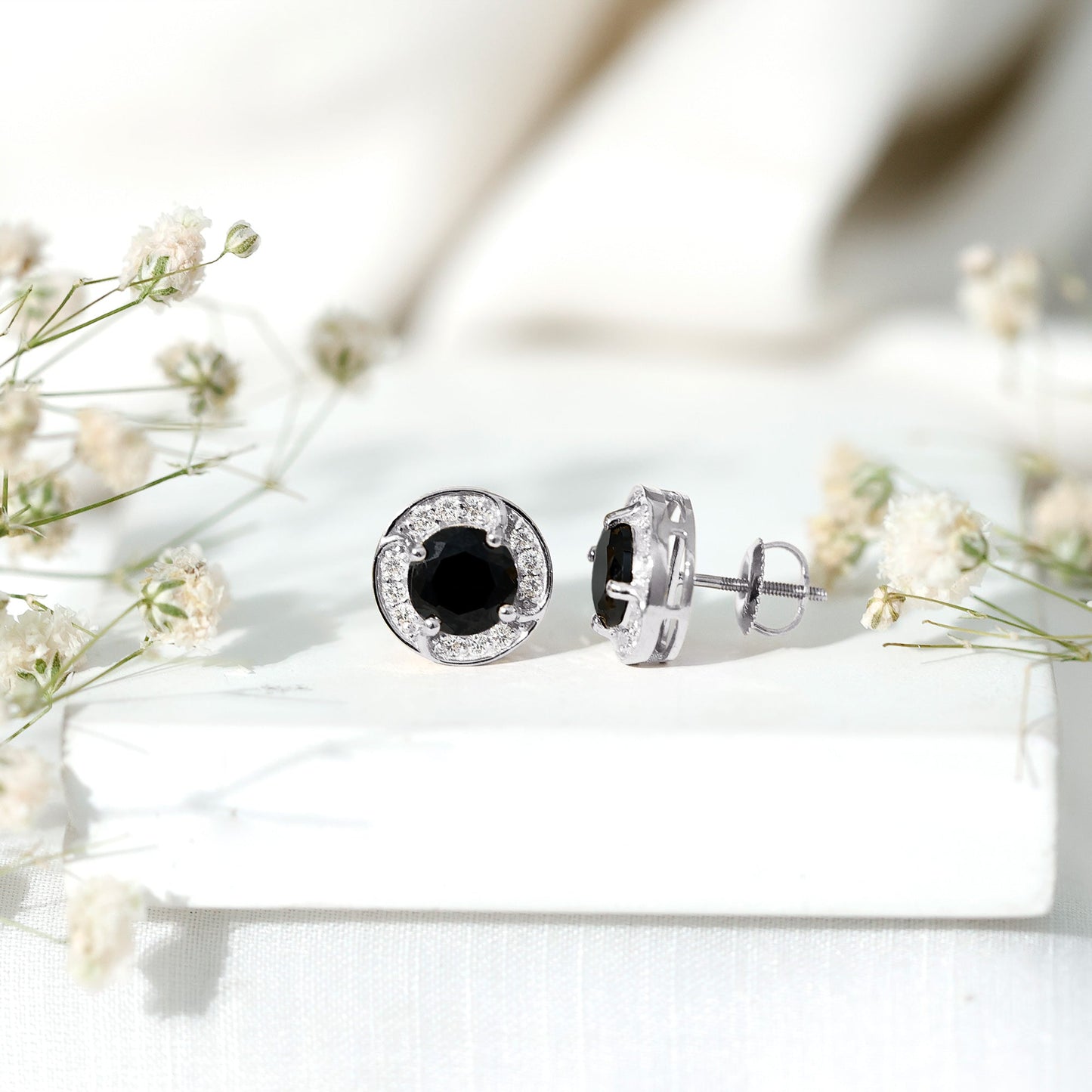 Lab Grown Black Diamond Halo Stud Earrings With Screw Back