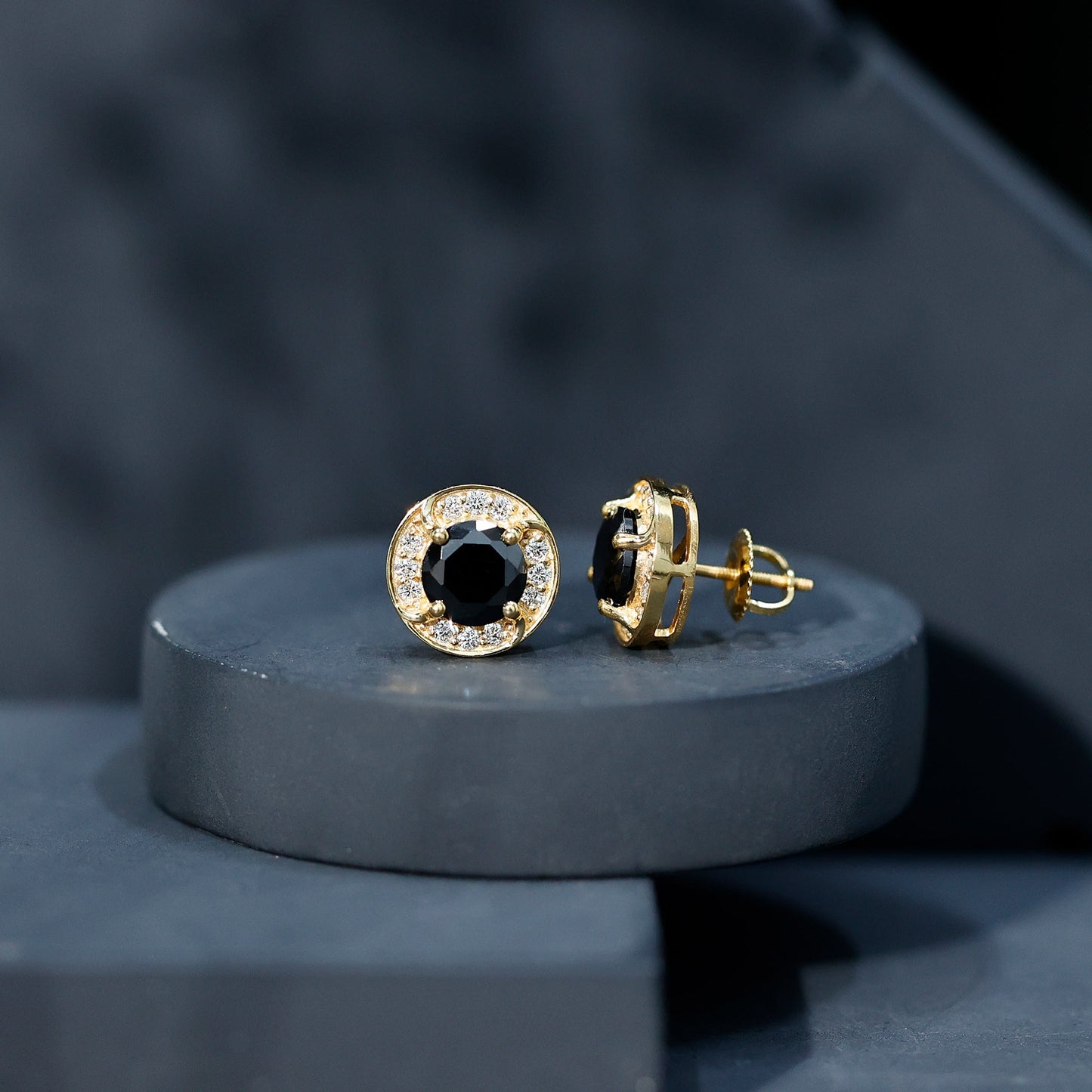 Lab Grown Black Diamond Halo Stud Earrings With Screw Back