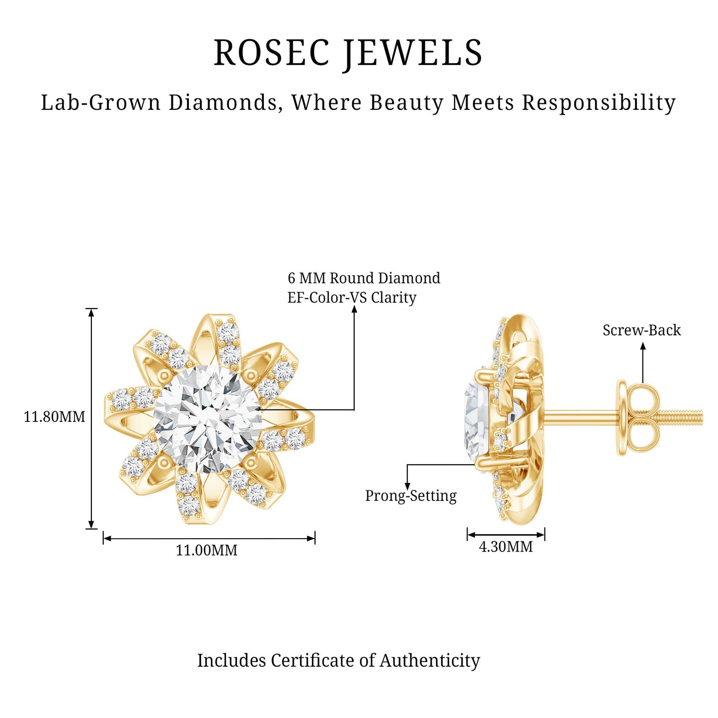 Lab Grown Diamond Round Solitaire Stud Earrings with Screw Back
