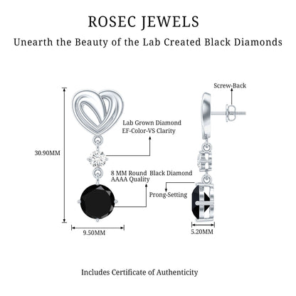 Heart Shaped Lab Grown Black Diamond Drop Earrings With Screw Back
