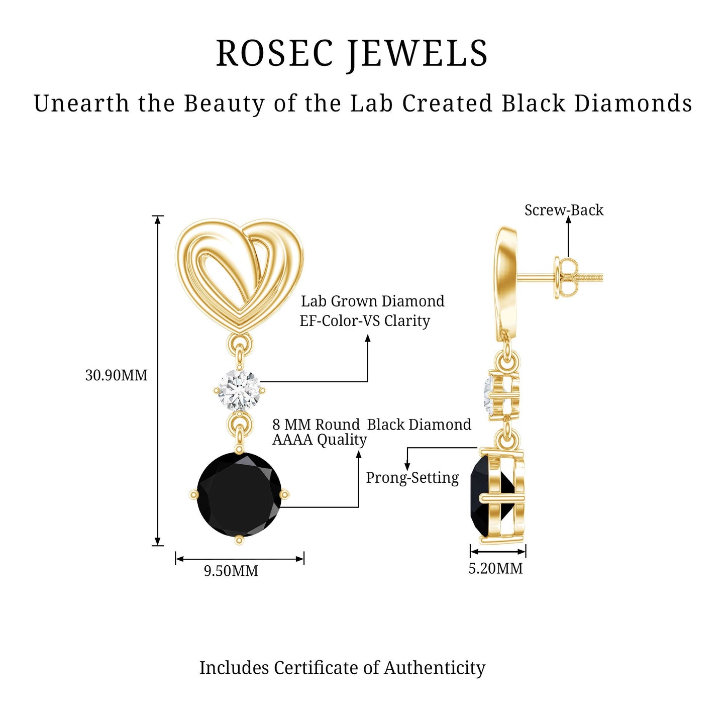 Heart Shaped Lab Grown Black Diamond Drop Earrings With Screw Back