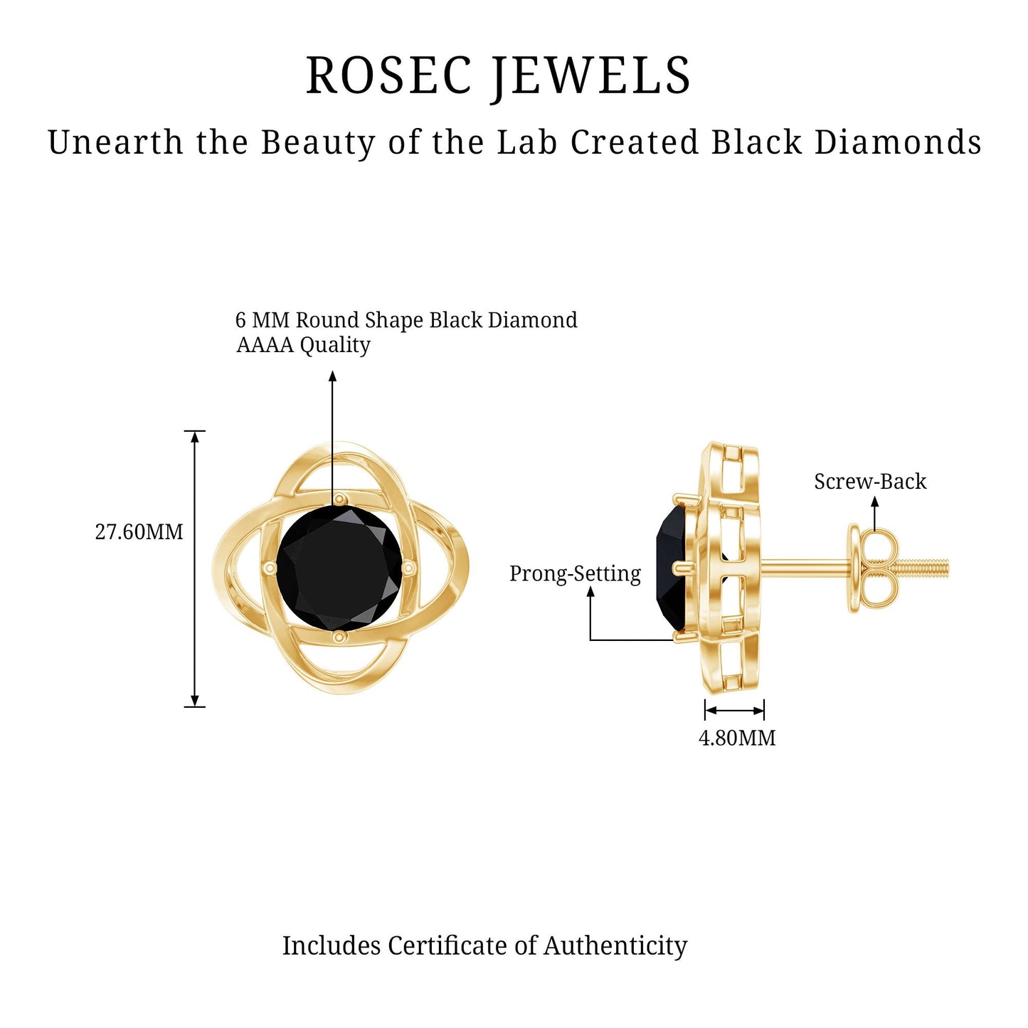 Certified Lab Grown Black Diamond Stud Earrings With Screw Back