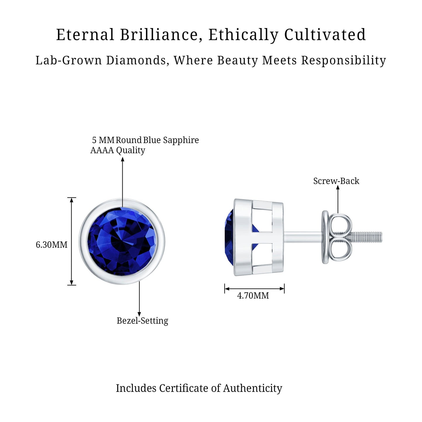 Solitaire 1.3 Carat Lab Created Blue Sapphire Stud Earrings in Bezel Setting