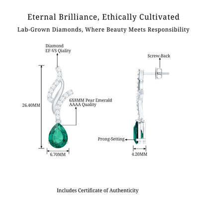Vintage Lab Grown Emerald Teardrop Earrings with Diamond Accent