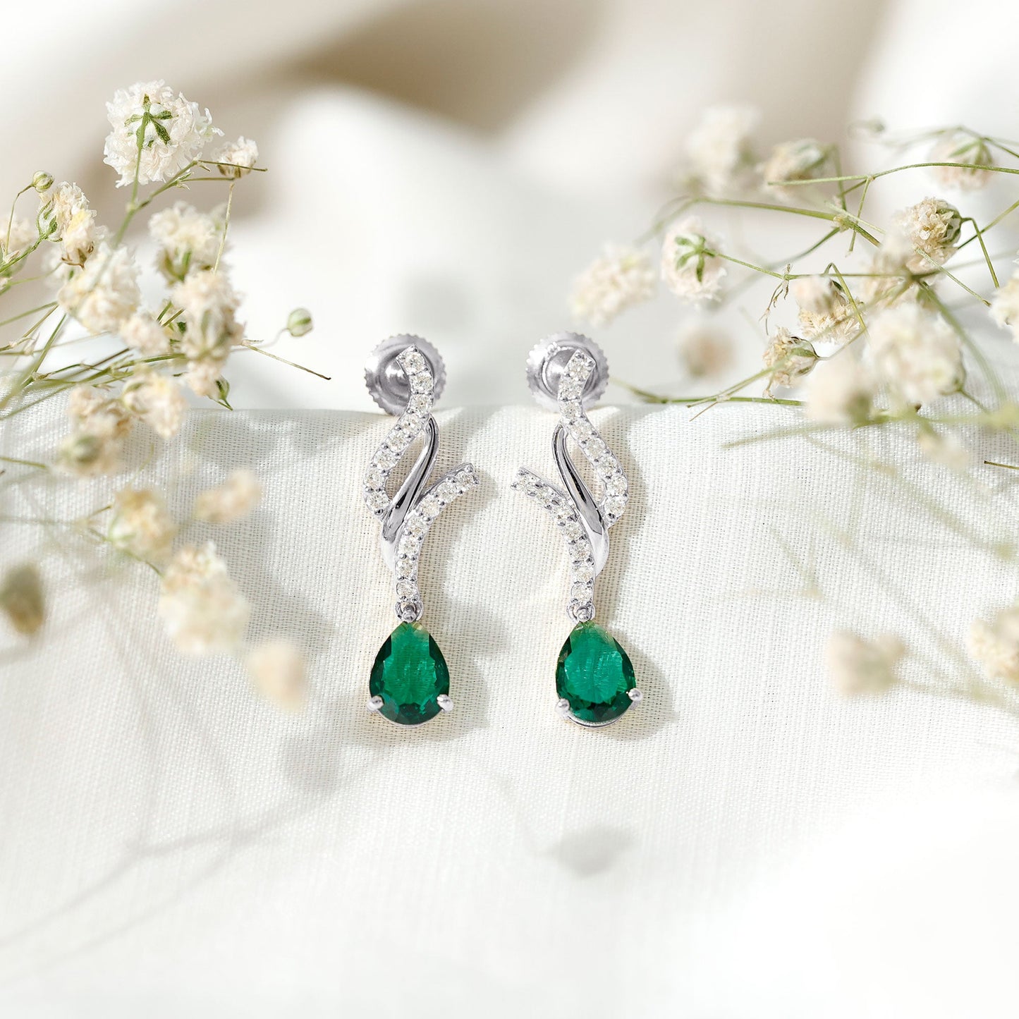 Vintage Lab Grown Emerald Teardrop Earrings with Diamond Accent