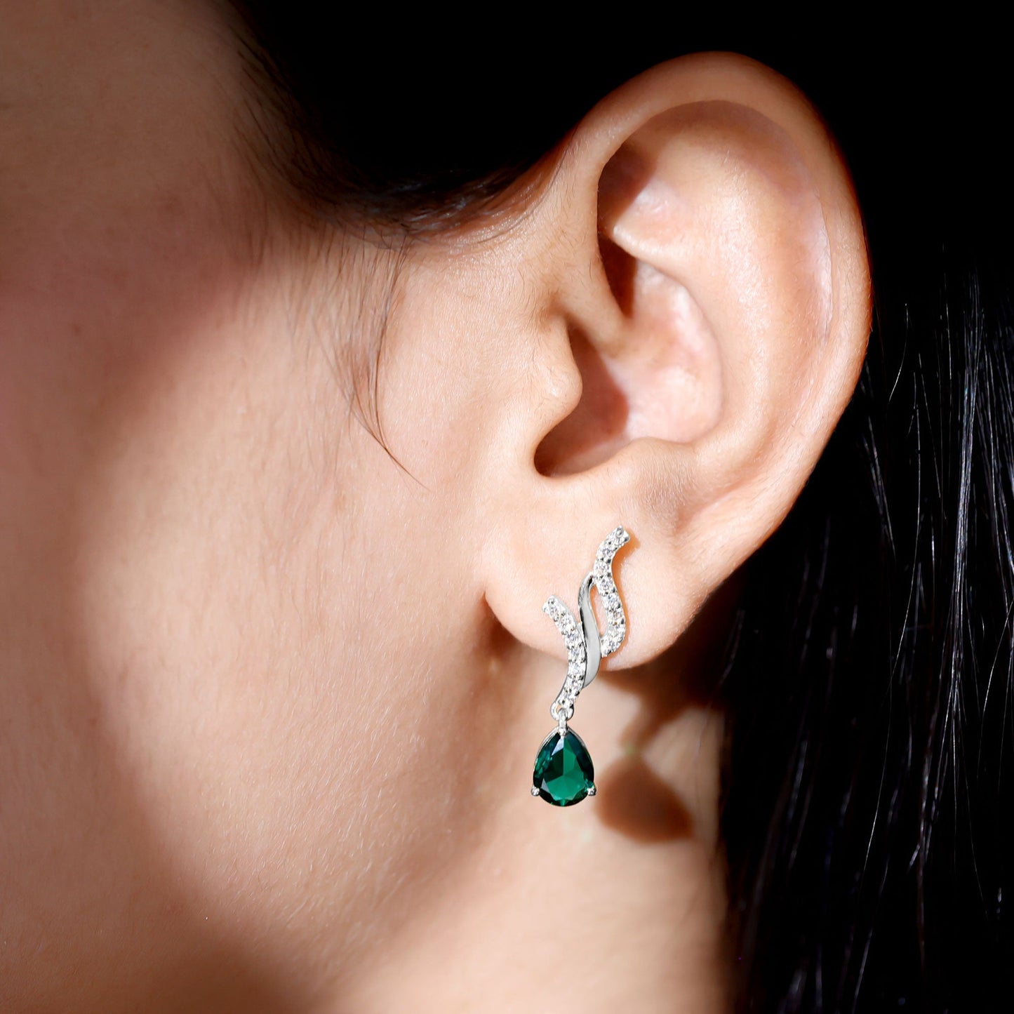 Vintage Lab Grown Emerald Teardrop Earrings with Diamond Accent
