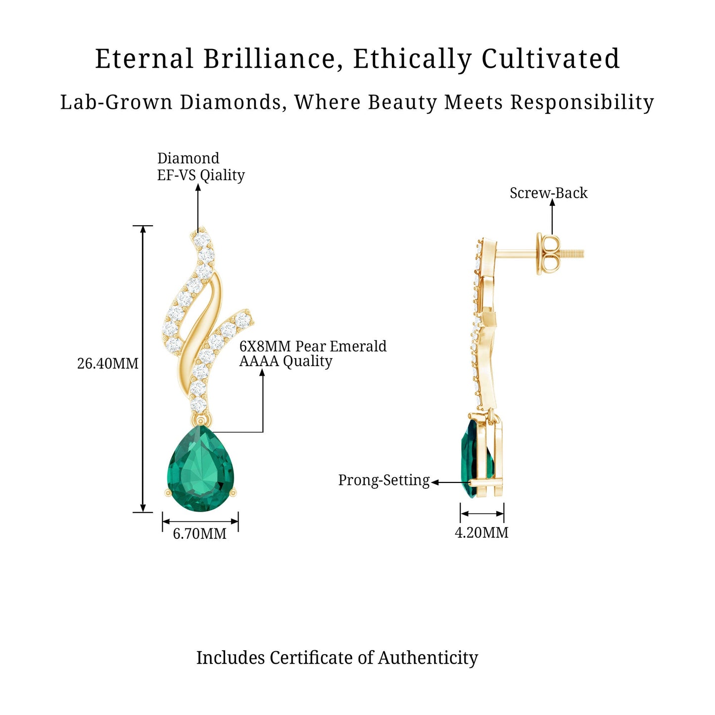 Vintage Lab Grown Emerald Teardrop Earrings with Diamond Accent
