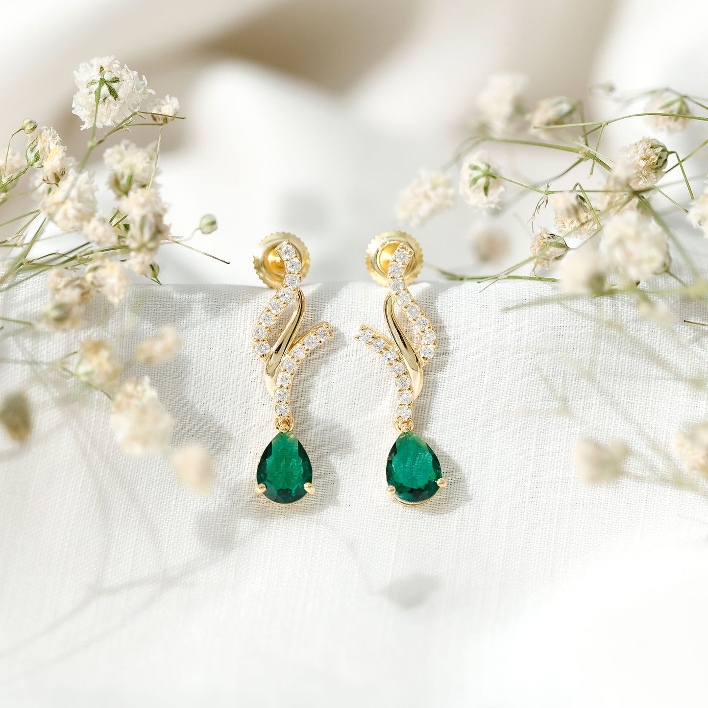 Vintage Lab Grown Emerald Teardrop Earrings with Diamond Accent