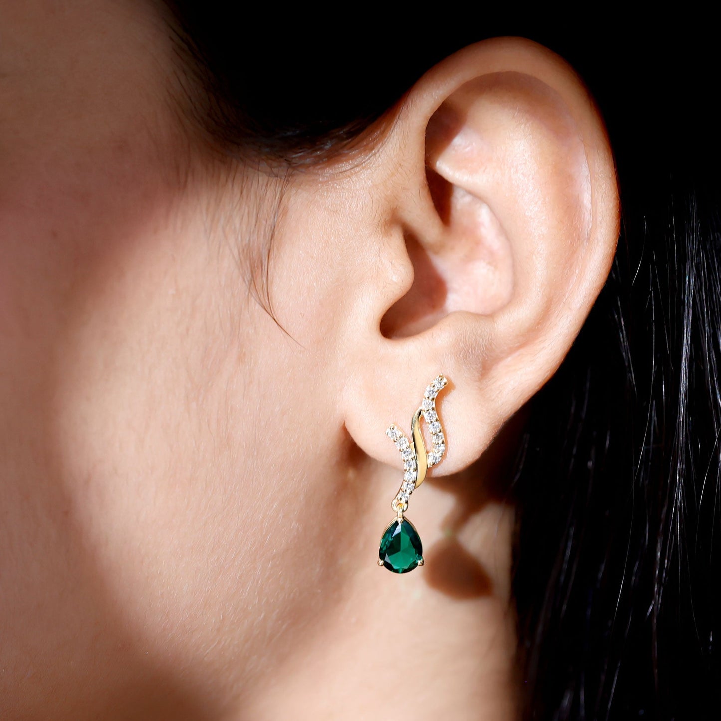 Vintage Lab Grown Emerald Teardrop Earrings with Diamond Accent