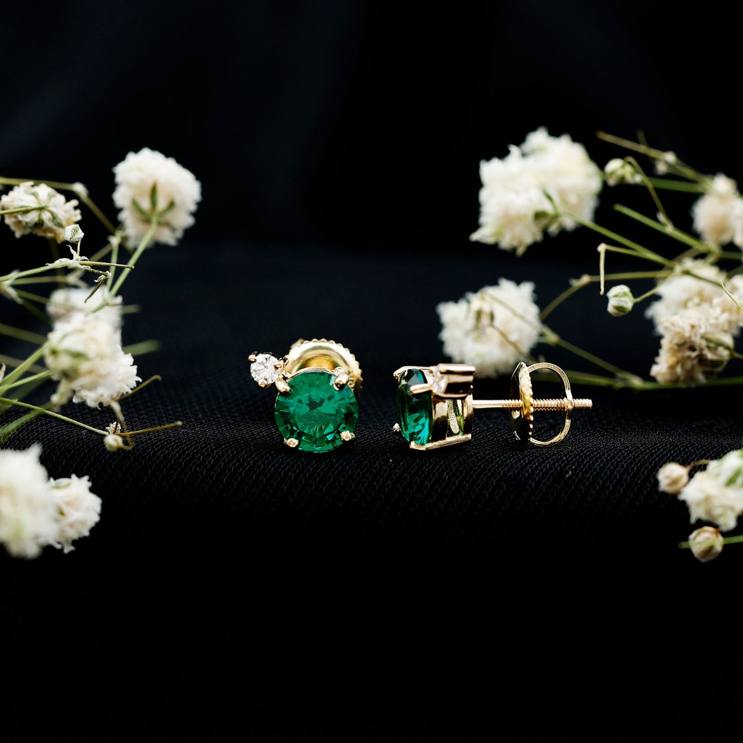 Lab Grown Emerald Screw Back Earrings With Diamond