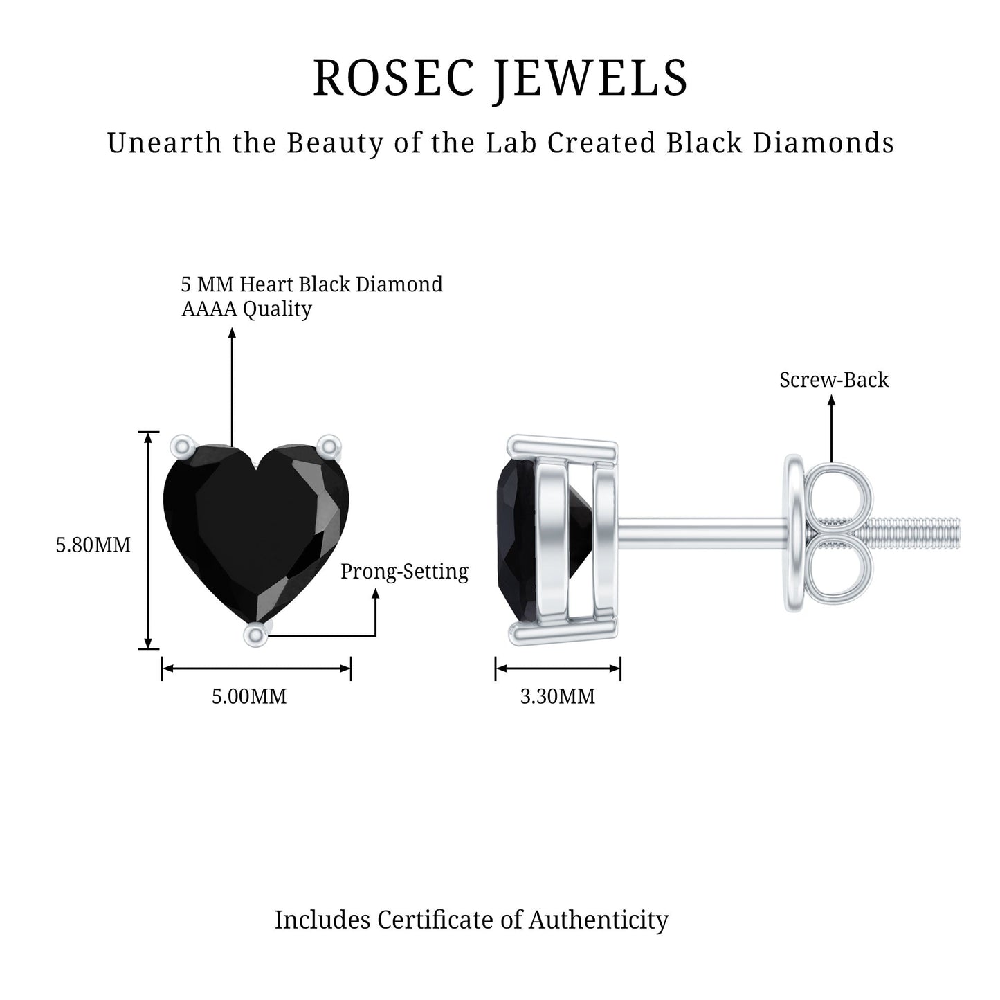Lab Grown Black Diamond Heart Stud Earrings With Screw Back
