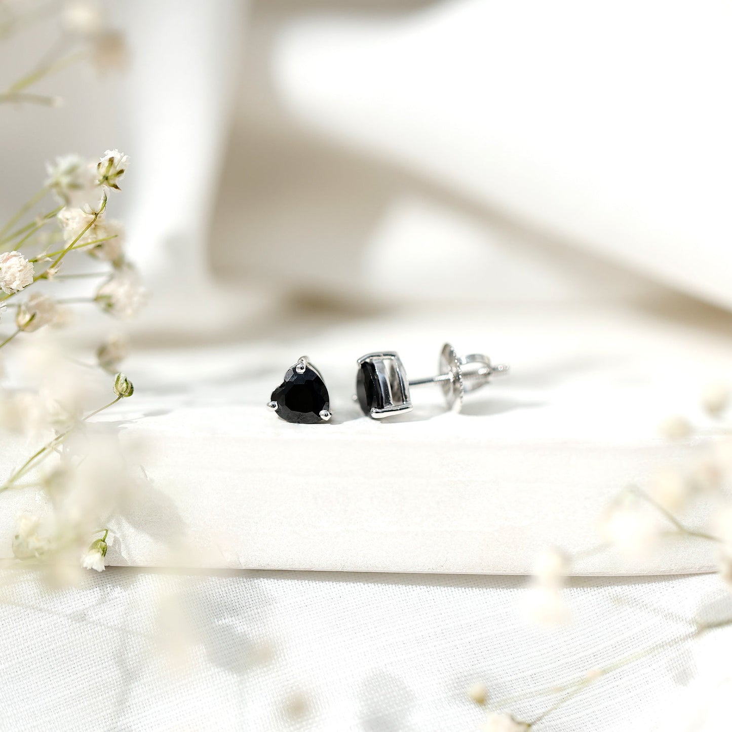 Lab Grown Black Diamond Heart Stud Earrings With Screw Back