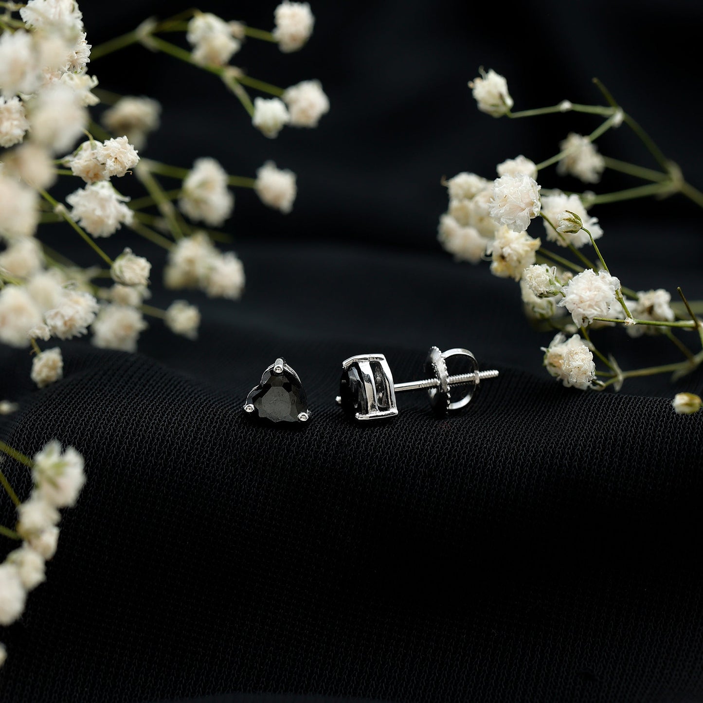 Lab Grown Black Diamond Heart Stud Earrings With Screw Back