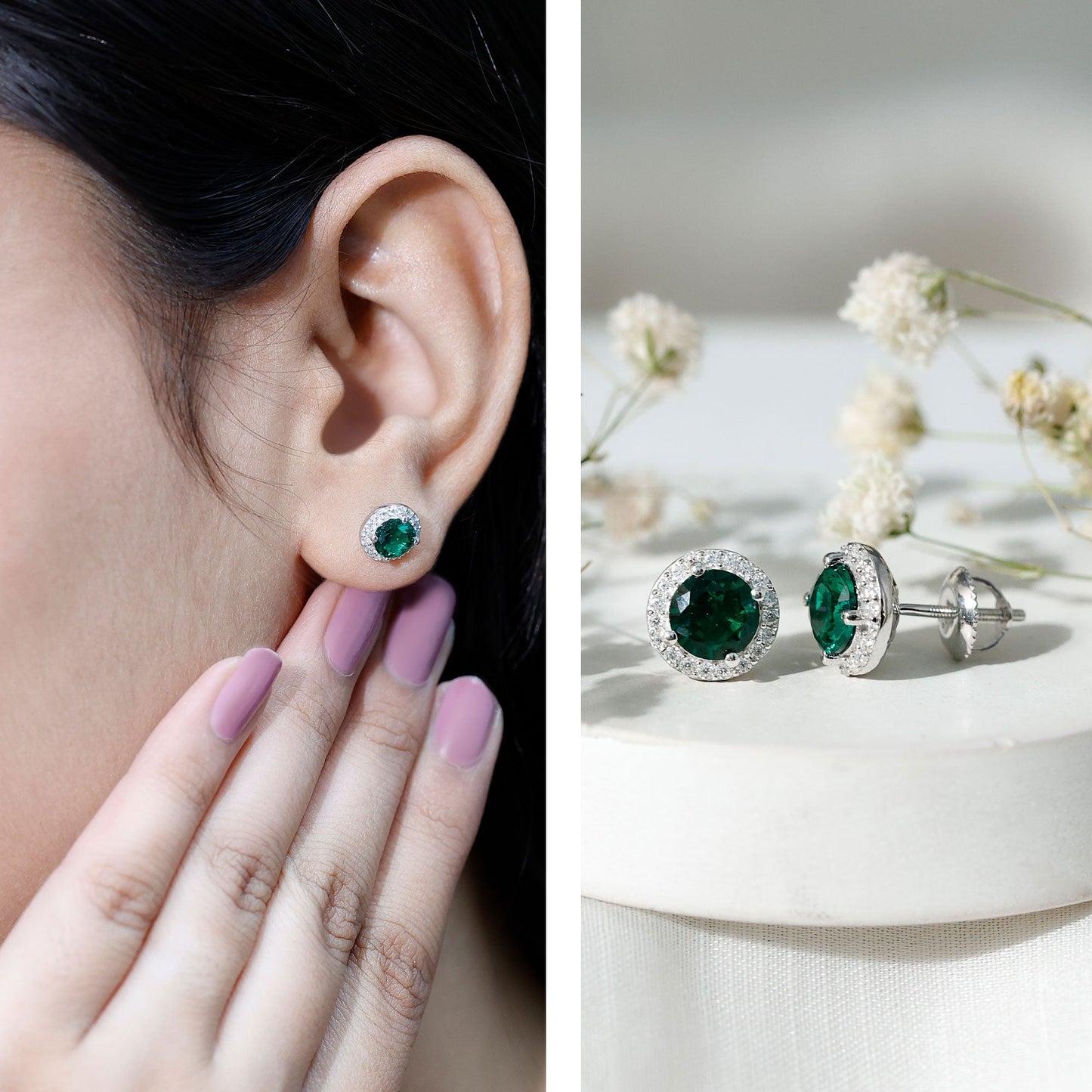 Certified 1.6 Carat Lab Created Emerald and Moissanite Halo Stud Earrings