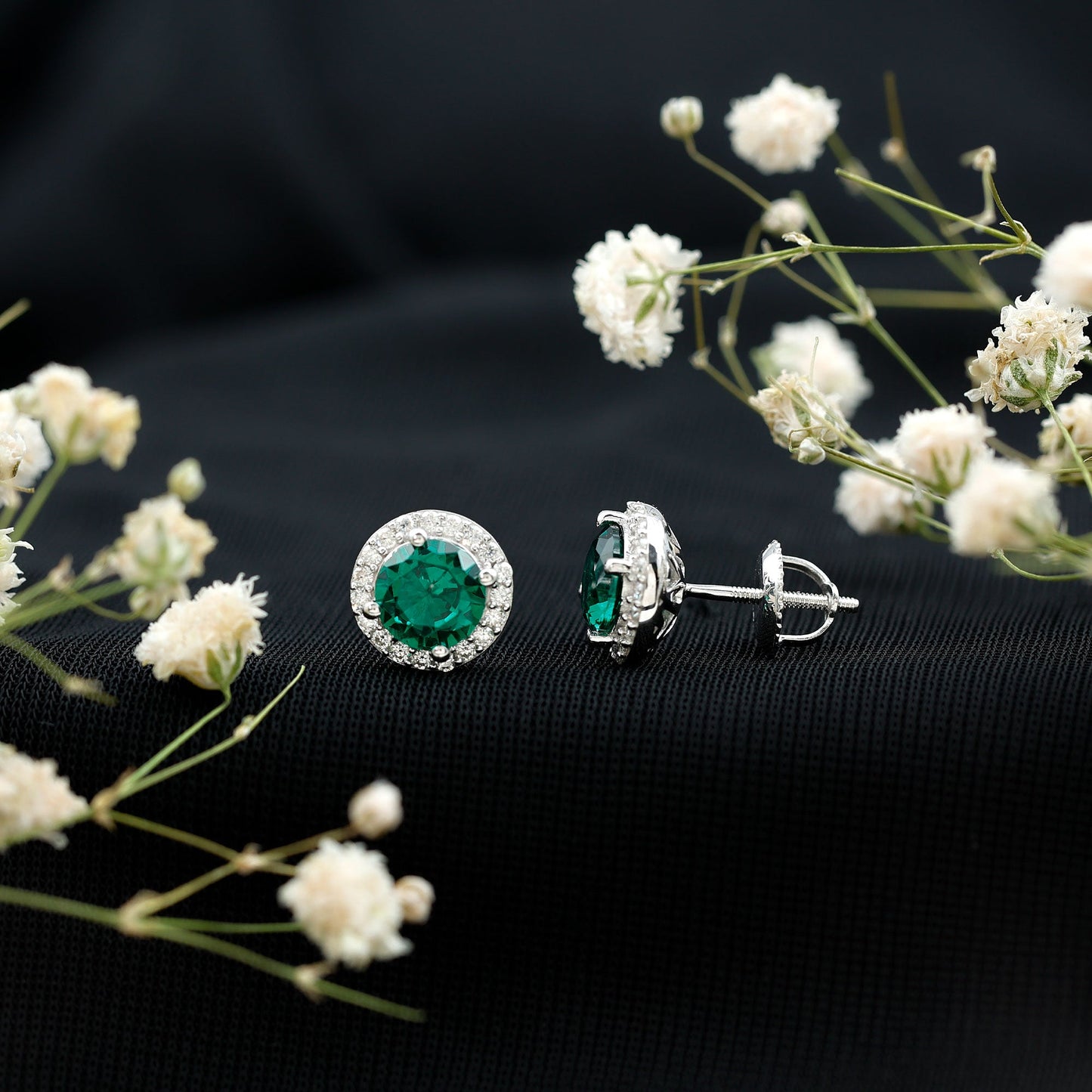 Certified 1.6 Carat Lab Created Emerald and Moissanite Halo Stud Earrings