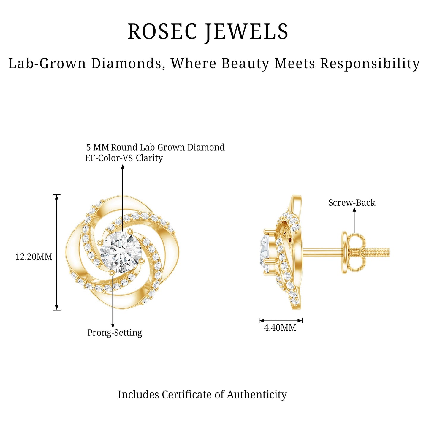 Certified Lab 0.9 Carat Round Diamond Swirl Stud Earrings