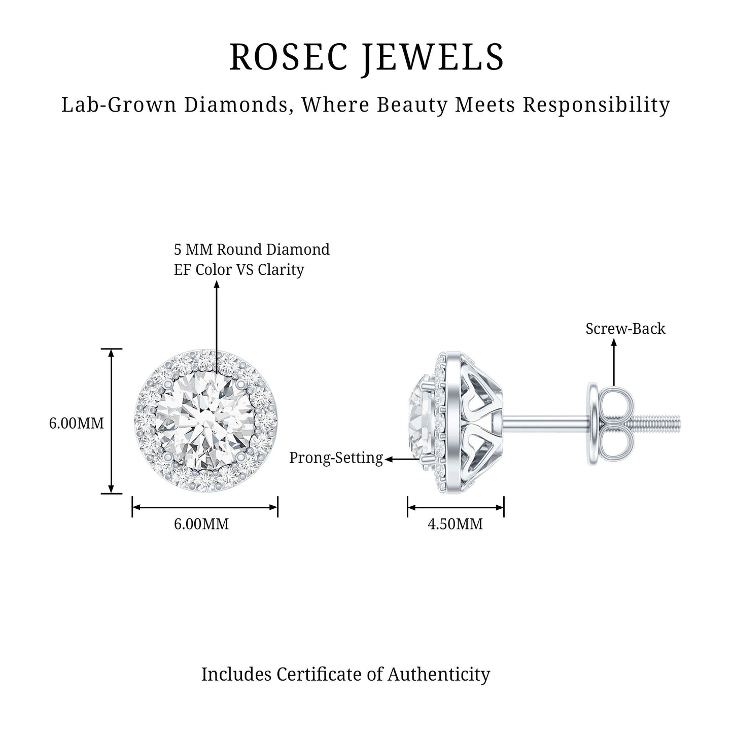 0.9 Carat Round Lab Grown Diamond Halo Stud Earrings With Screw Back