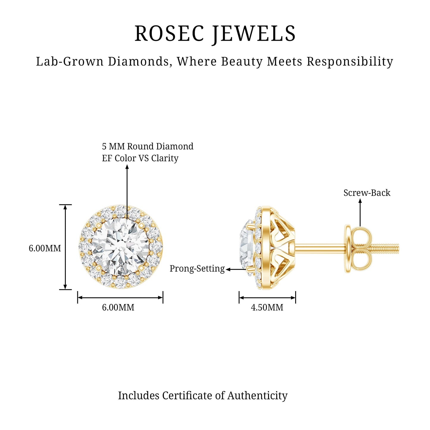 0.9 Carat Round Lab Grown Diamond Halo Stud Earrings With Screw Back