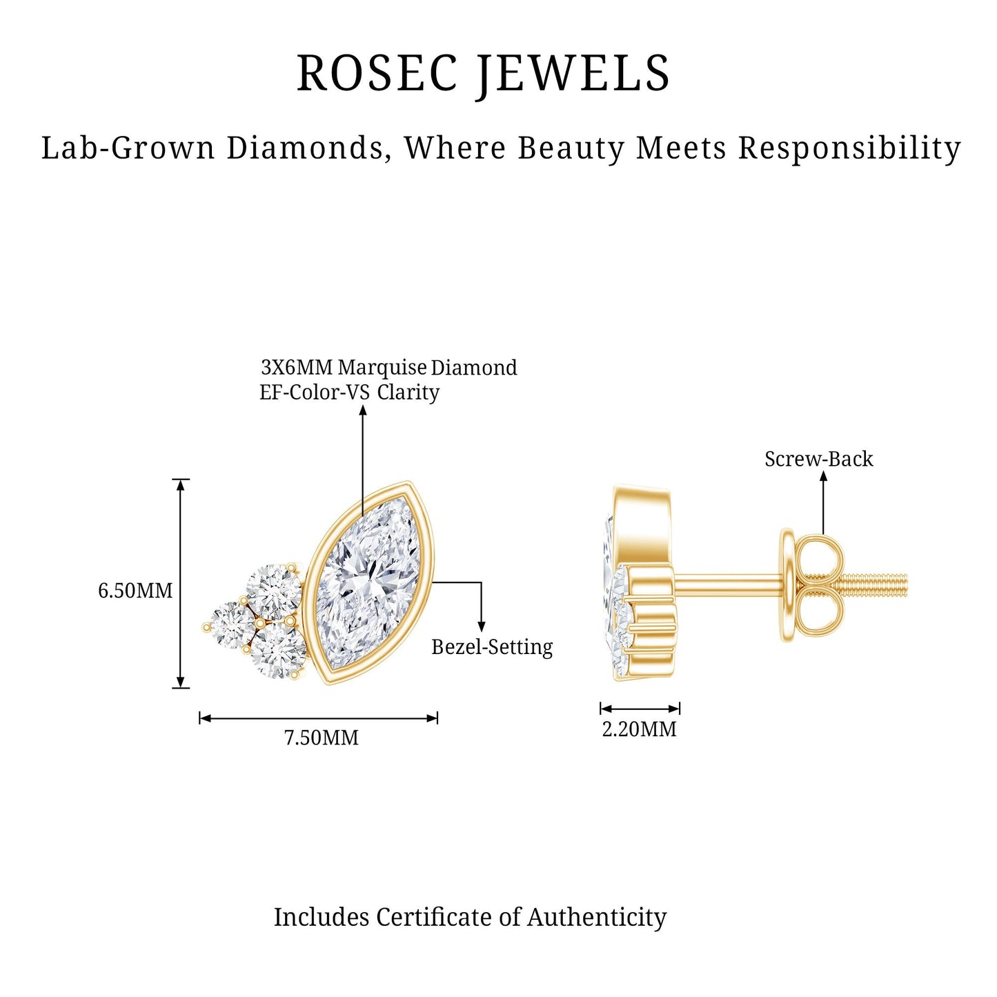 Bezel Set Lab Marquise Diamond Stud Earrings