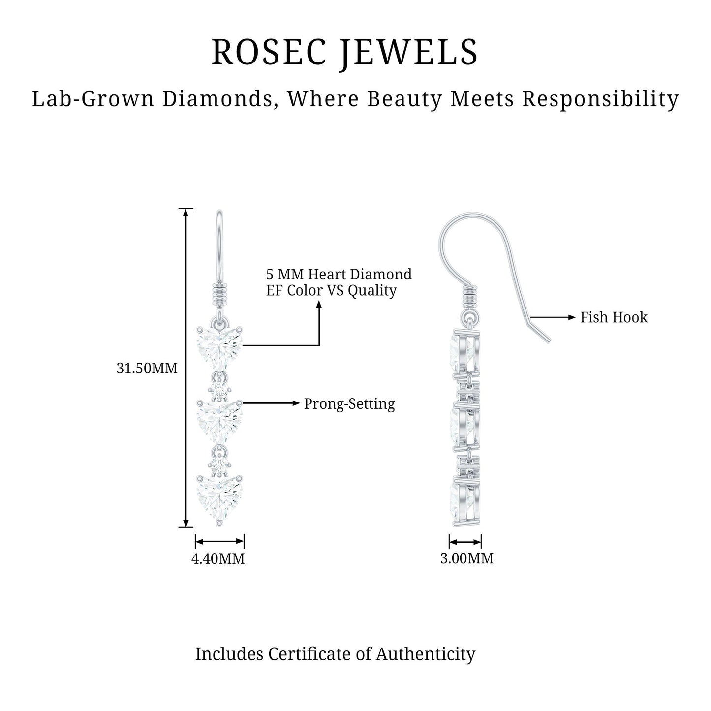 Certified Lab Heart Shaped Diamond Fish Hook Dangle Earrings