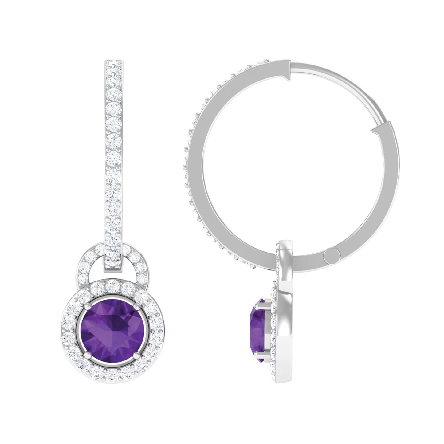 Real Amethyst Drop Hoop Earrings with Moissanite Halo