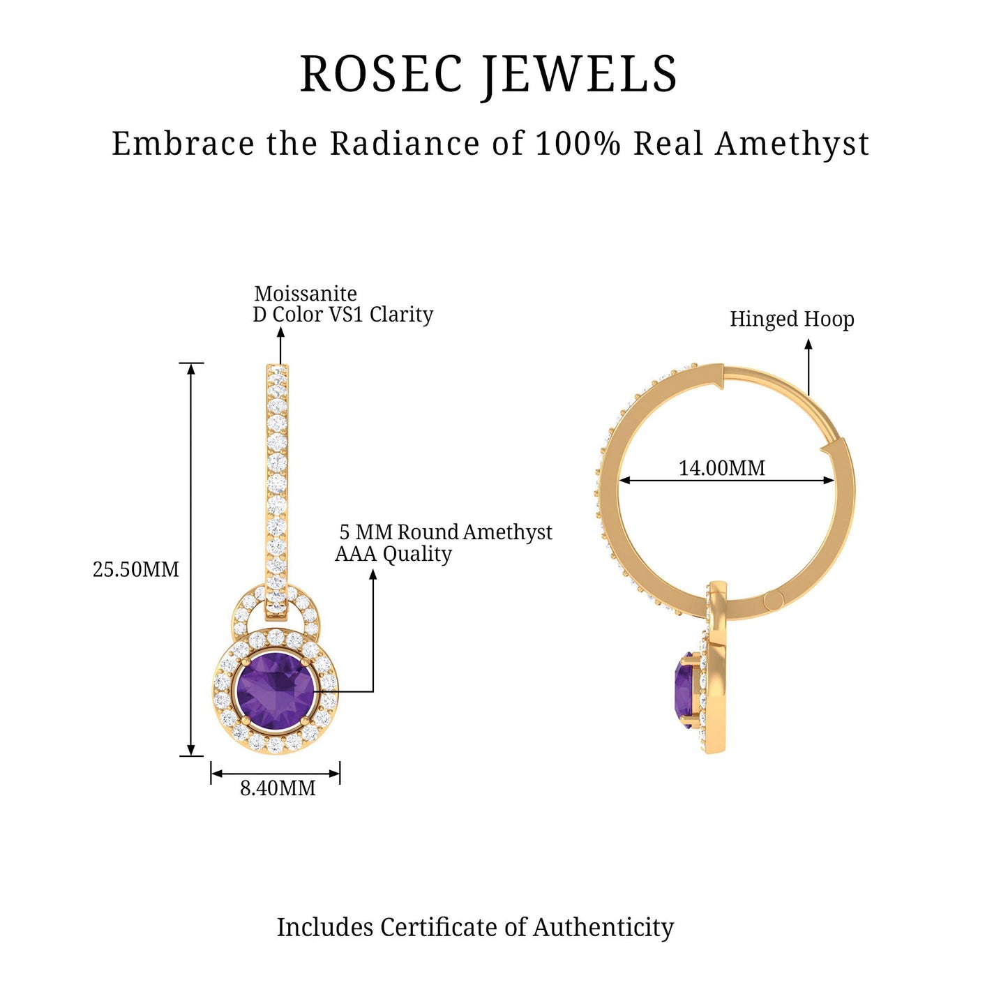 Real Amethyst Drop Hoop Earrings with Moissanite Halo