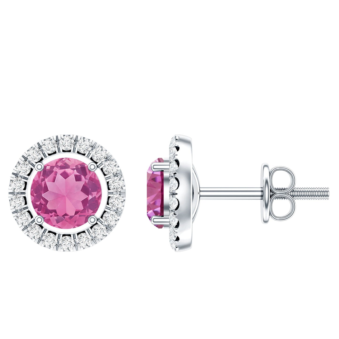 Natural Pink Tourmaline and Diamond Halo Stud Earrings