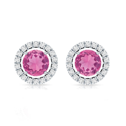 Natural Pink Tourmaline and Diamond Halo Stud Earrings