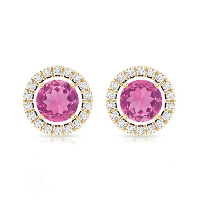 Natural Pink Tourmaline and Diamond Halo Stud Earrings