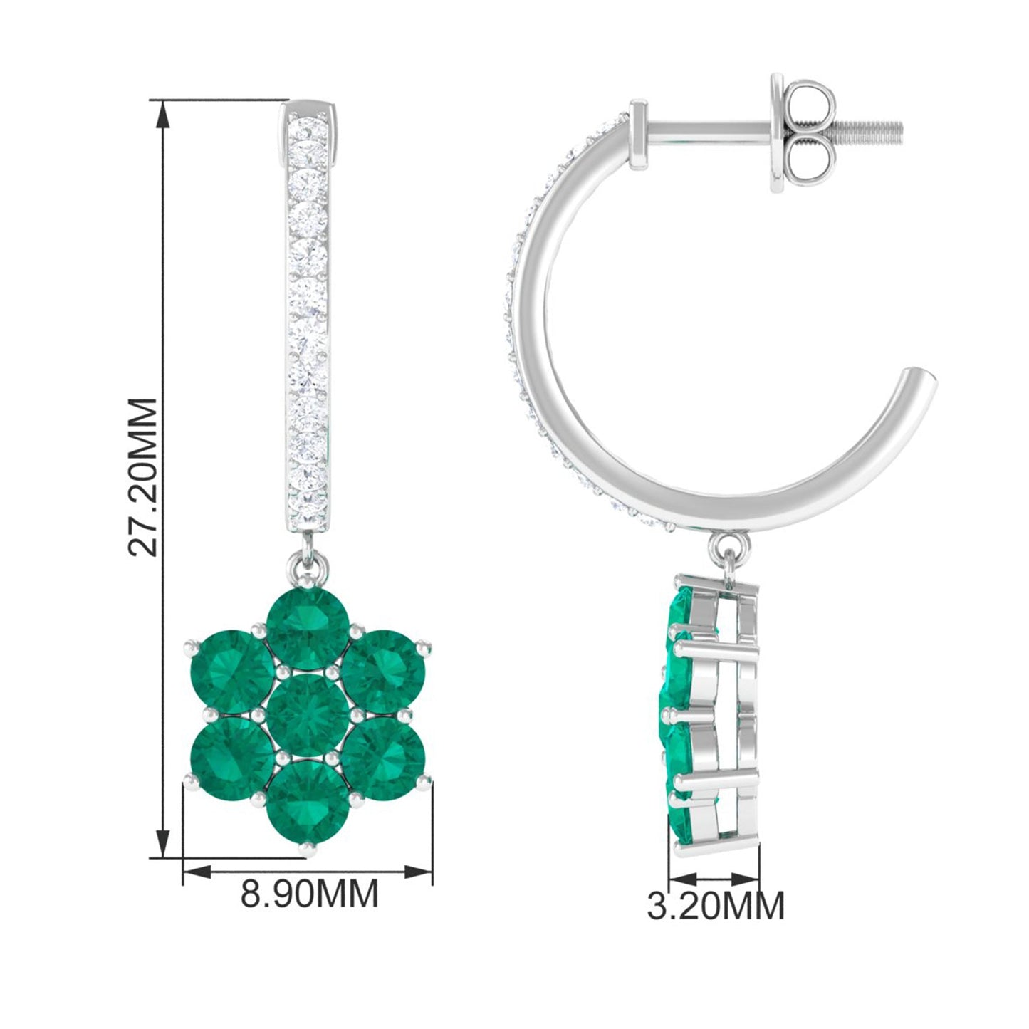 Natural Emerald Flower Drop Earrings with Diamond Hoop